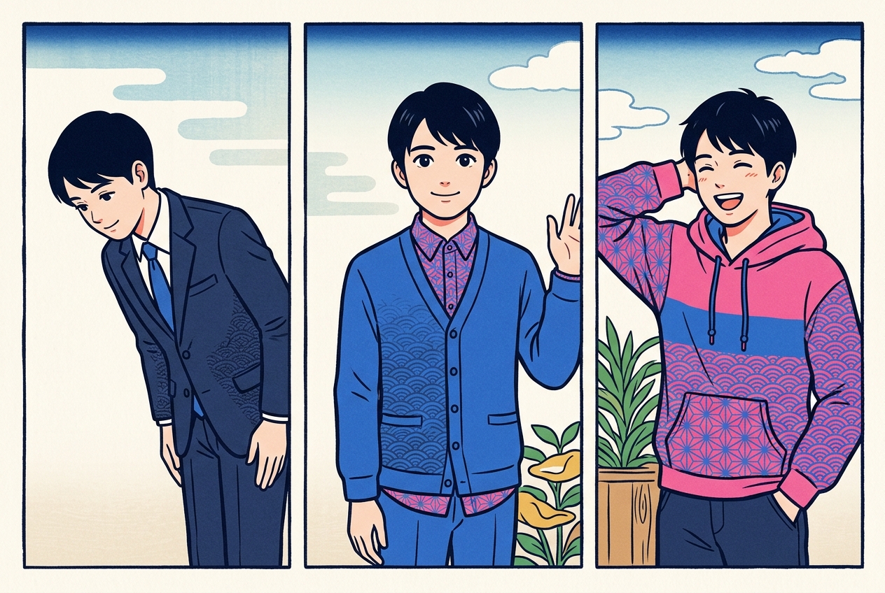 Ukiyo-e style triptych of the same young man in a suit bowing, in smart-casual clothes, and in a hoodie laughing