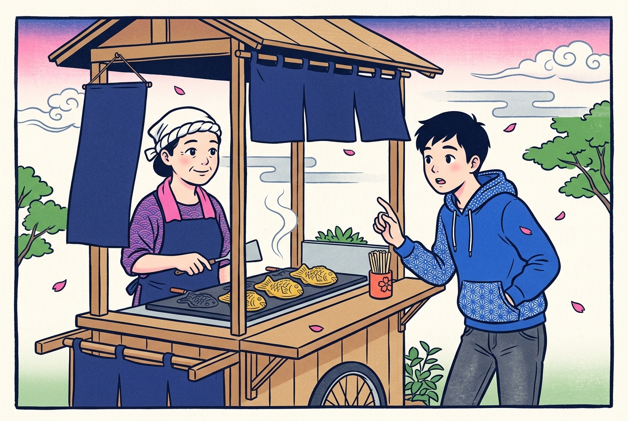 Ukiyo-e style illustration of a customer frozen mid-order at a taiyaki stall while the patient owner waits with a smile