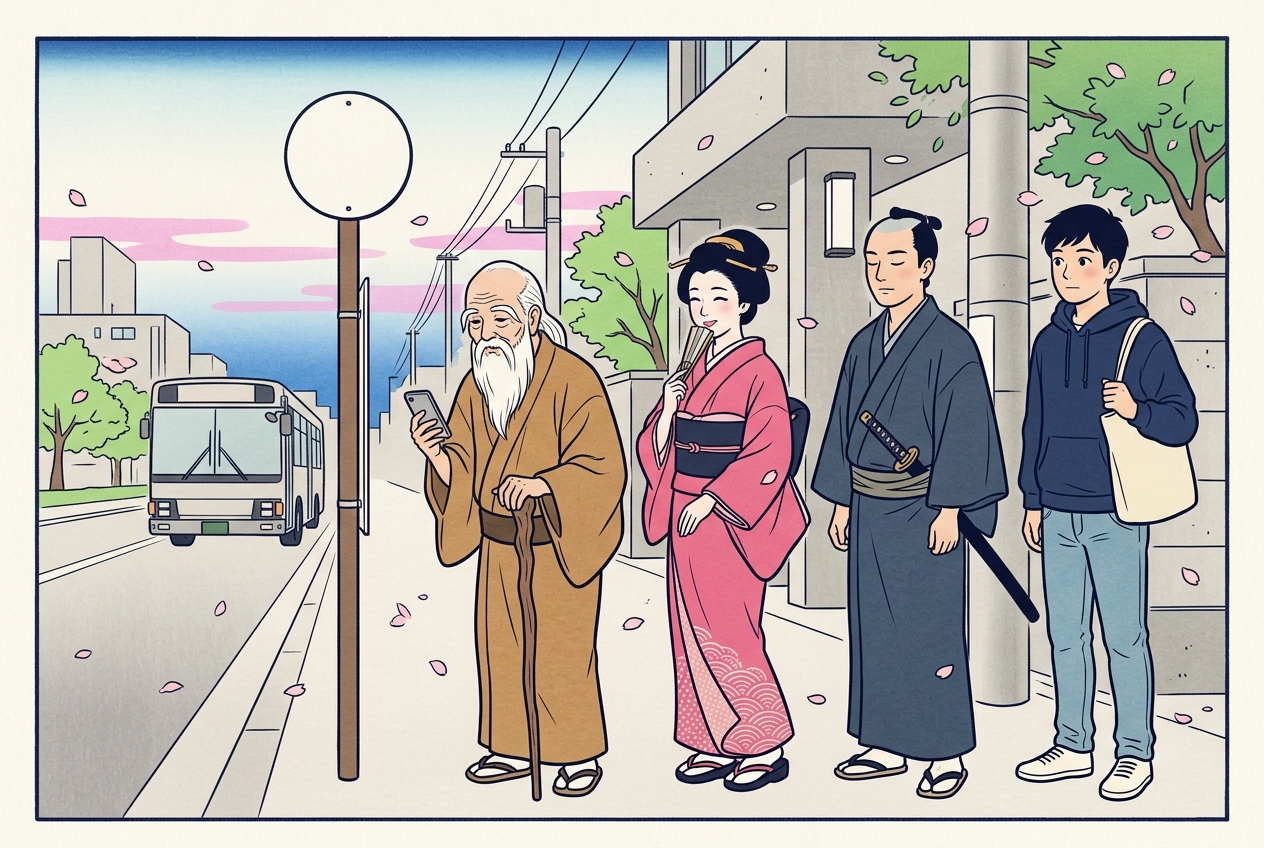 Ukiyo-e style illustration of a sage, an elegant lady, a samurai and an ordinary young man queueing together at a modern bus stop